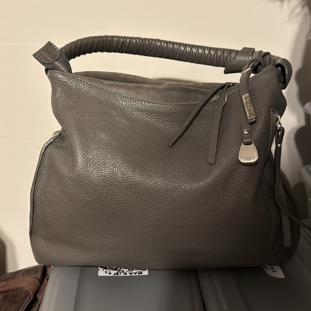 Gray Leather Handbag with Braided Handle